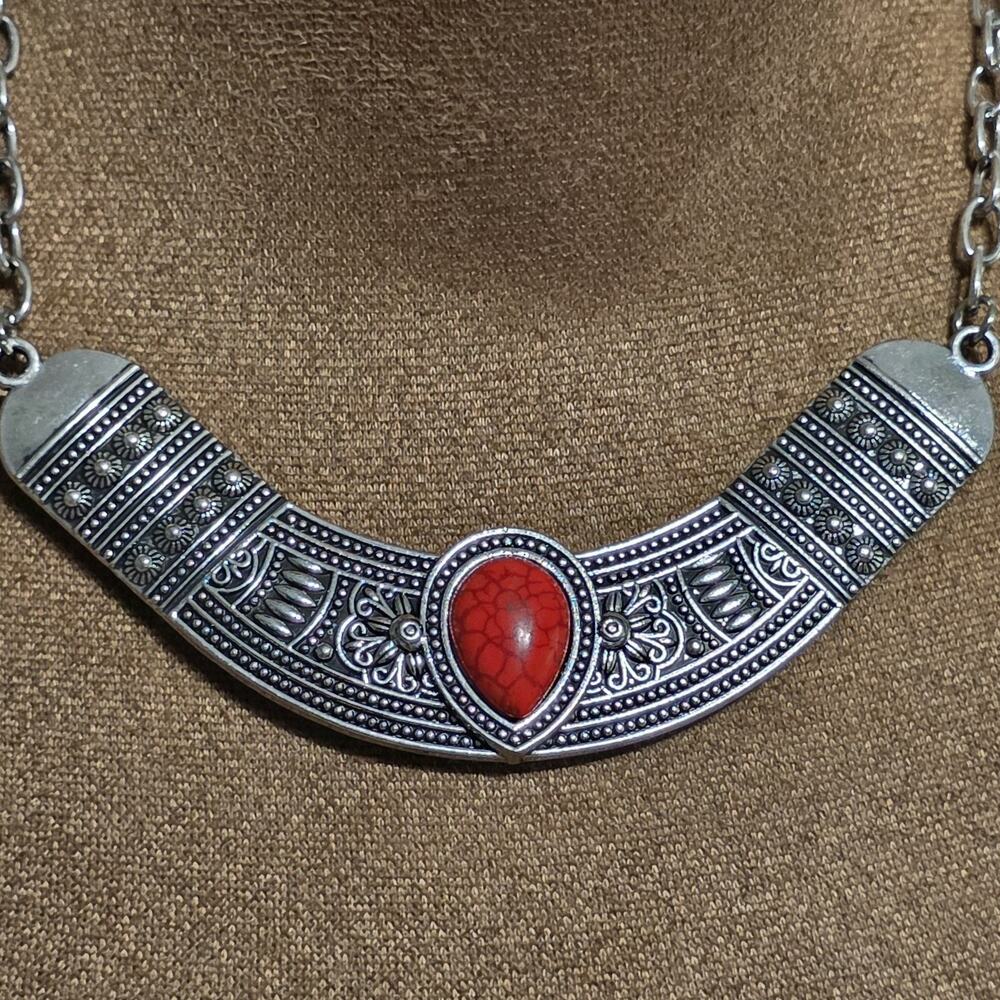 Paparazzi Silver Tone Red Stone Tribal Statement Necklace Matching Earrings Set